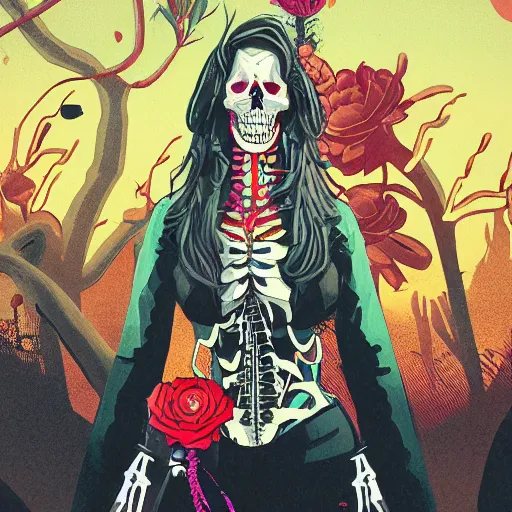 Image similar to a colorfully detailed comic noir style illustration of a beautiful woman wearing a skeleton suit in a post-apocalyptic desert by queens of the stone age and sachin teng, dark vibes, street art, cinematic, high contrast, depth of field