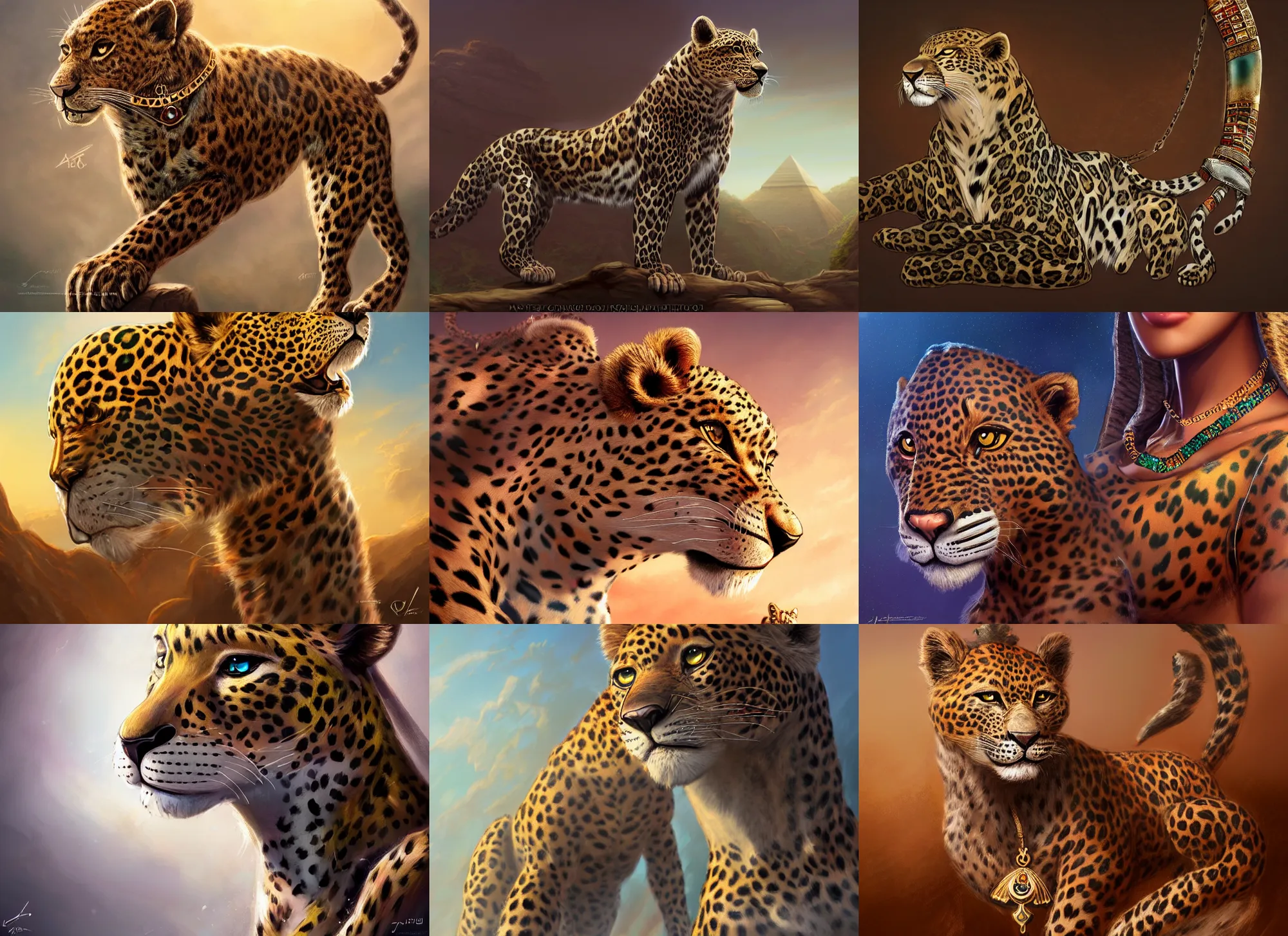 Prompt: fullbody beautiful detailed character design of a feral leopard wearing egyptian necklace, egyptian jewelry. deviantart leopard adoptable, character concept artwork professional, portrait studio lighting by artgerm, jessica rossier in the style of disney, zootopia, the lion king, artstation deviantart