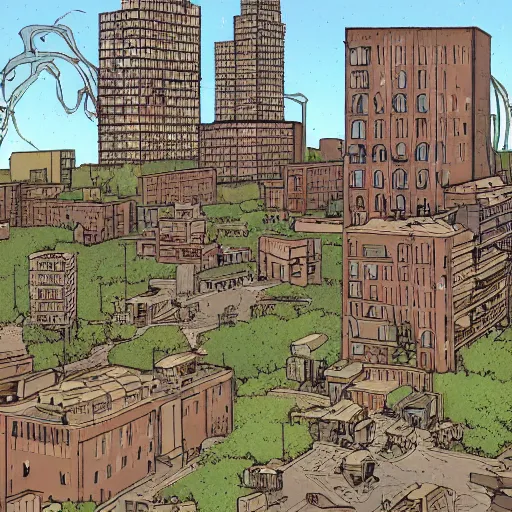 Image similar to brutalist polish neighborhood in the style of pushead and “ geoff darrow ” detailed widescreen