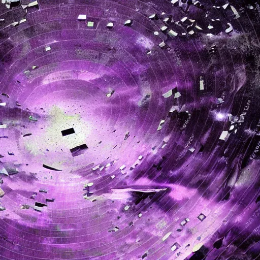 Image similar to a dark matter wind and dust pieces of purple sky with a black sun falls to the ground and breaks into fragments, metallic light, futurism, schizophrenia, hyperrealistic fall, closed limbo room, the matrix broke into mirror fragments