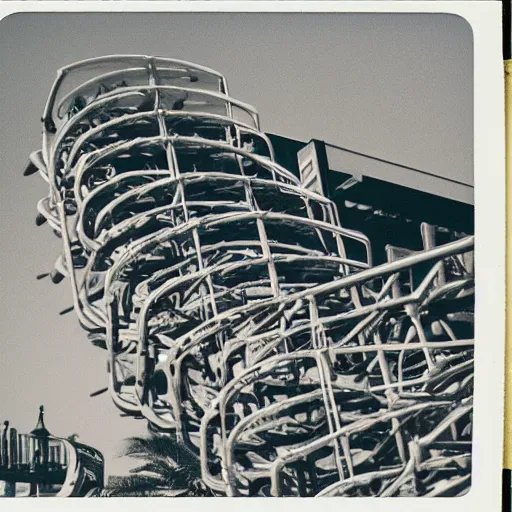 Prompt: a haunting polaroid photo of a twisting roller coaster made out of shrimp