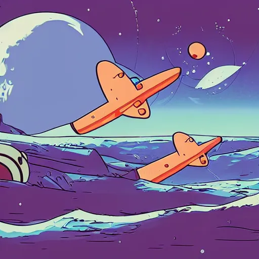Prompt: scene of whalers landing on the moon, animated in the style of futurama, cartoon, sci - fi, detailed