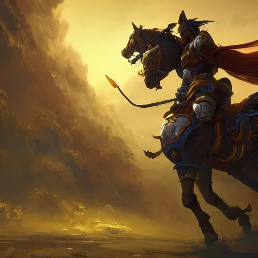 Image similar to a knight riding a horse, yellow theme, bright art masterpiece artstation. 8 k, sharp high quality artwork in style of jose daniel cabrera pena and greg rutkowski, concept art by tooth wu, blizzard warcraft artwork, hearthstone card game artwork, horse rider