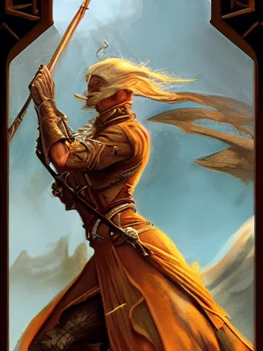 Prompt: seven of wands aggression defiance conviction. tarot card. intricate, elegant, highly detailed, digital painting, artstation, concept art, sharp focus, illustration, by justin gerard and artgerm, 8 k