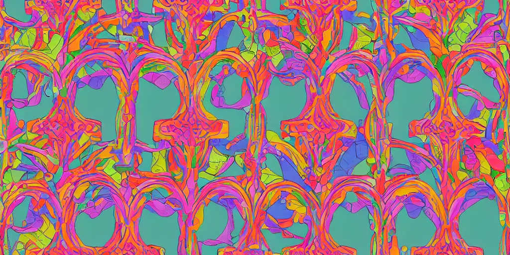 Image similar to seamless pattern of large colorful 4 arches in escher style horizontal multilayers