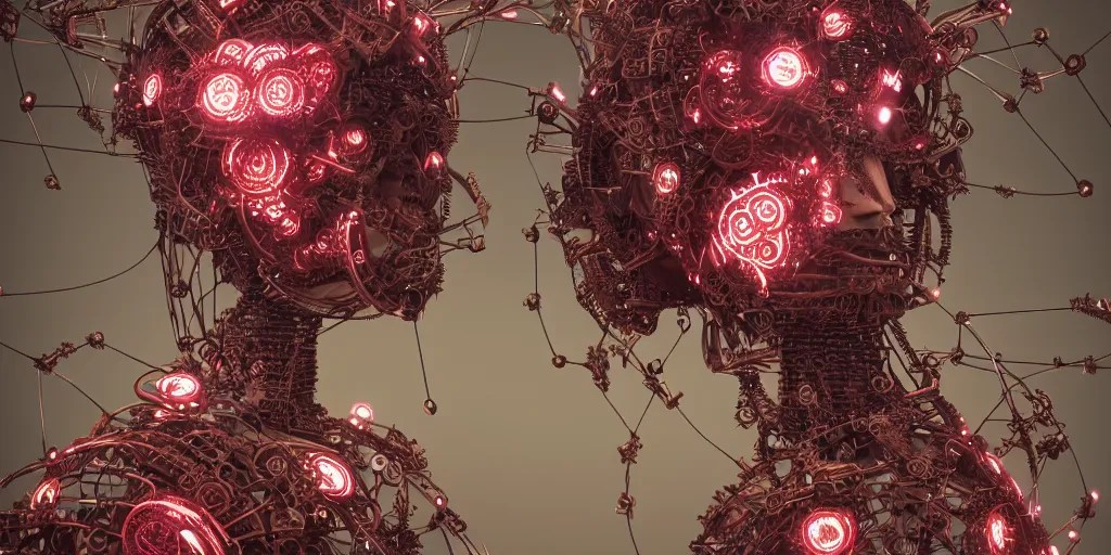 Prompt: a female saints rose robot head made of gears and wires is flying in the fantasy forest by merriam, daniel, intricate mechanical details, futuristic, 2 k aesthetic, dramatic lighting, concept art, 4 k, 3 d octane render, pink and red colors, provenance, detailed, trending on artstation