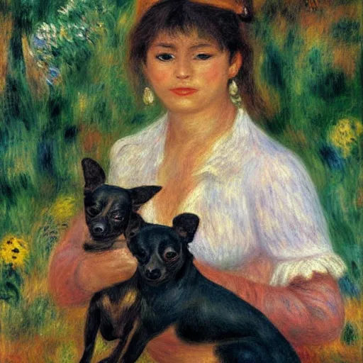 Image similar to a woman and her black and brown chihuahua by pierre - auguste renoir