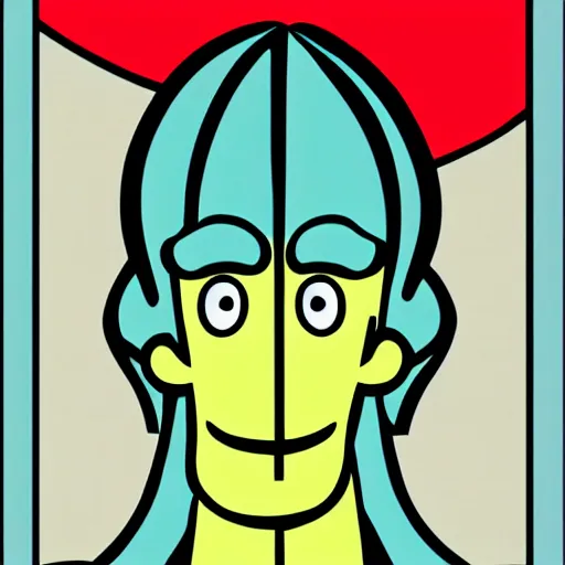 Prompt: handsome squidward as man, big smile, strong chin, handsome, pop art style