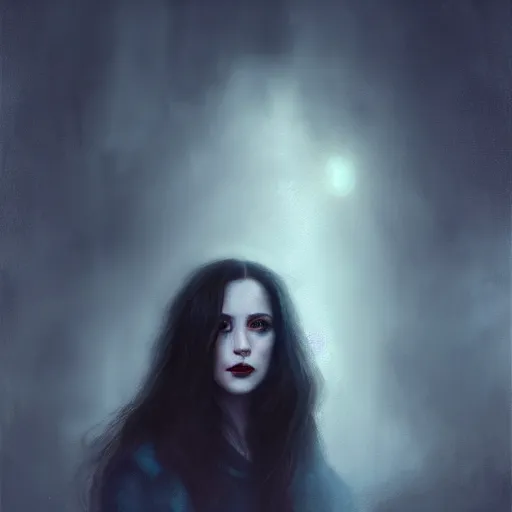 Prompt: riveting charismatic brunette female vampire, portrait, atmospheric lighting, painted, intricate, fog, cold, volumetric lighting, beautiful, night time, blue moon light, sharp focus, deep colours, ultra detailed, by leesha hannigan, ross tran, thierry doizon, kai carpenter, ignacio fernandez rios