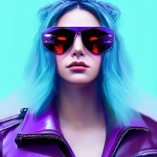 Image similar to closeup painting of a very beautiful young mexican cyberpunk woman with a smirk, wearing light blue shades and a purple leather jacket collar, one side haircut, long brown hair with light blue ends, portrait, hyperdetailed, artstation, cgsociety, 8 k, synthwave by tangerine dream