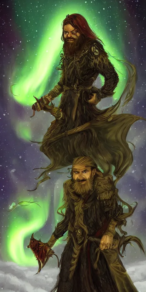 Prompt: dungeons and dragons, realistic,full body long hair goatee warlock with pet imp, magic aura, northern lights