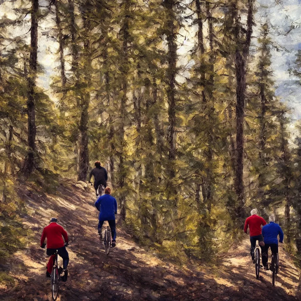 Image similar to Two men biking up a steep forest hill. One with a deep dark blue sweater and the other with a wine red sweater. sweaty. Oil painting. Emotional. Trending on artstation. Steep. Nordic Trees. Rustic. Artistic.