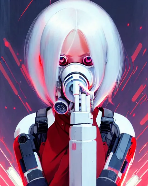 Image similar to white haired cyborg girl wearing a gas mask and red dress | | audrey plaza, warframe armor, fine detail!! anime!! realistic shaded lighting!! poster by ilya kuvshinov katsuhiro otomo ghost - in - the - shell, magali villeneuve, artgerm, jeremy lipkin and michael garmash and rob rey