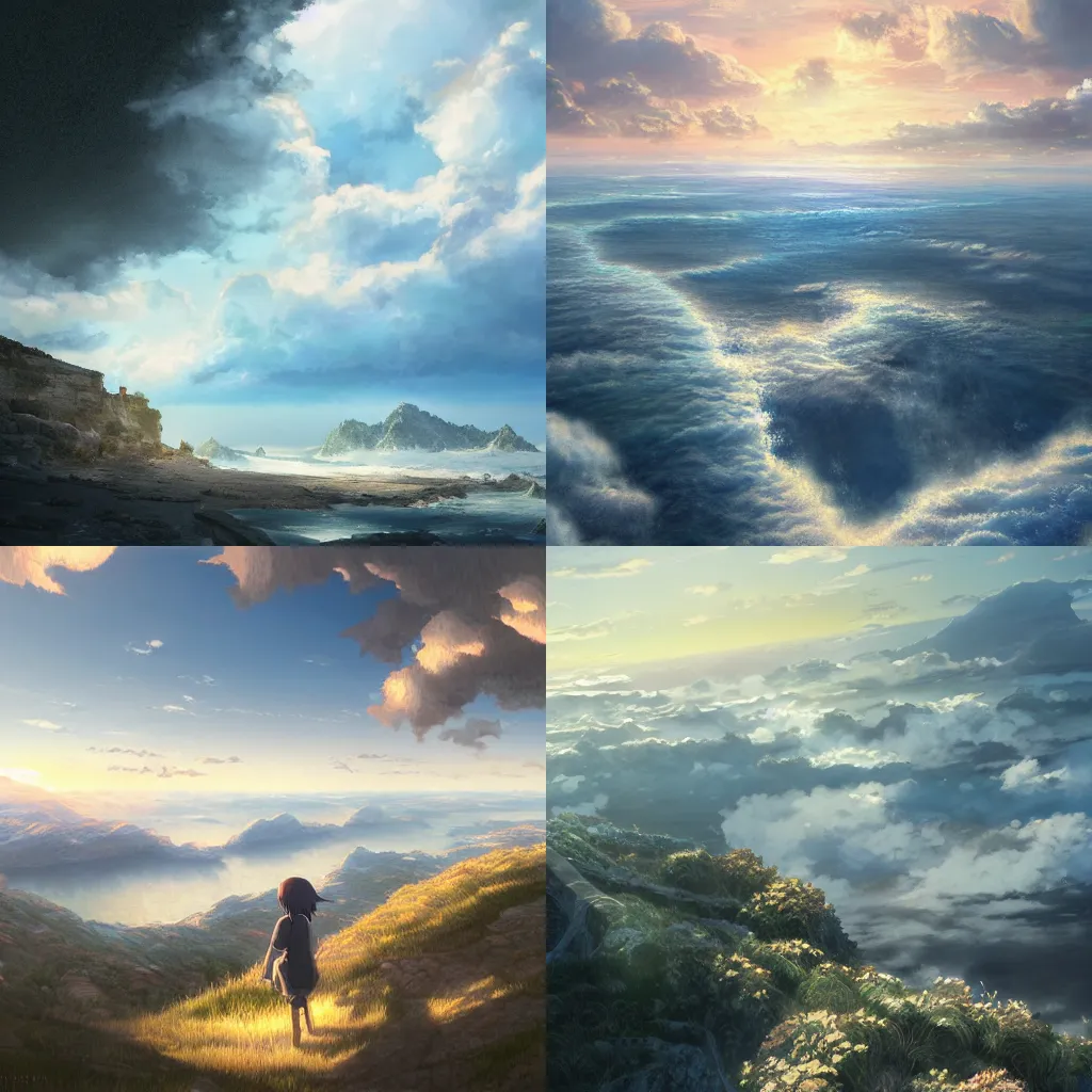 Prompt: illustration of the edge of the world by Makoto Shinkai, realistic painting, classical painting, high definition, digital art, matte painting, very detailed, realistic