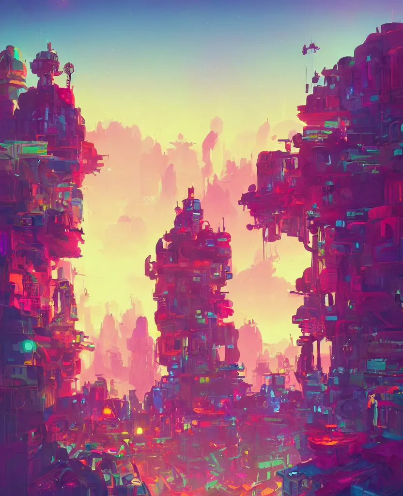 Image similar to detailed concept art of a DMT city in a fantastic landscape against a colorful sky by Anton Fadeev and Simon Stålenhag