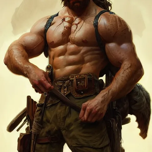 Image similar to portrait of a rugged ranger, muscular, upper body, blood, D&D, fantasy, intricate, elegant, highly detailed, digital painting, artstation, concept art, smooth, sharp focus, illustration, art by artgerm and greg rutkowski and alphonse mucha