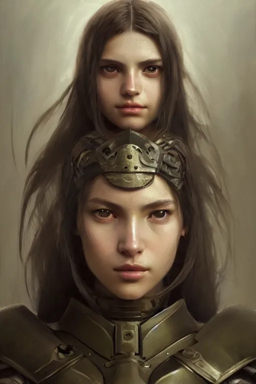 Image similar to a photorealistic painting of an attractive young girl, partially clothed in battle armor, olive skin, long dark hair, beautiful bone structure, symmetrical face, perfect eyes, intricate, elegant, digital painting, concept art, illustration, sharp focus, minimal artifacts, from Metal Gear, in the style of Ruan Jia and Mandy Jurgens, by Greg Rutkowski, trending on Artstation, award winning