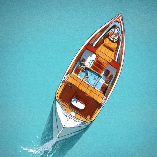 Image similar to top down view of a small boat in the middle of the ocean, with a giant sea monster swimming up underneath the boat, digital painting,