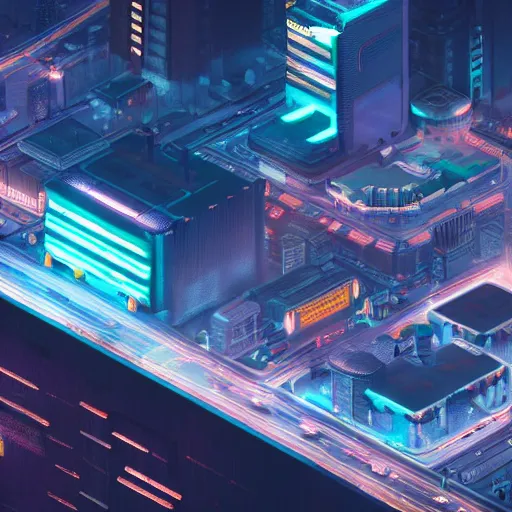 Image similar to wide angle isometric futuristic city at night bladerunner unreal engine zoomed out