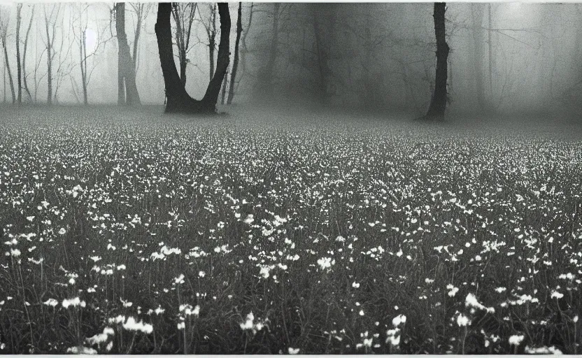 Prompt: black box on the field flowers, by Andrei Tarkovsky, mist, forest, lomography photo effect, monochrome, 35 mm