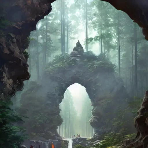 Prompt: a large rock arch is a portal to another dimension, surrounded by misty forest, people wait to enter, D&D, fantasy, intricate, highly detailed, digital painting, artstation, concept art, smooth, sharp focus, illustration, art by artgerm and greg rutkowski and alphonse mucha