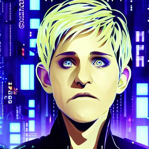 Prompt: ellen degeneres as the main character of a cyberpunk anime in the style of bladerunner by wlop and greg rutkowsky