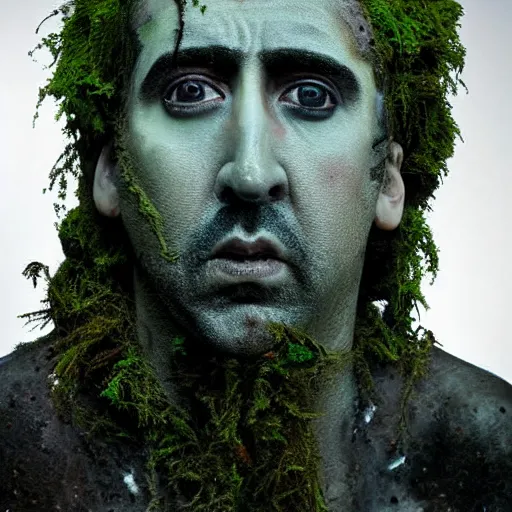 Image similar to Award-winning photograph by Mar Mann. The photo depicts a decaying roman bust of Nicolas Cage overgrown with moss at the bottom of the sea. Minimalism, high definition, perfect composition. Deep sea picture. Very dark. Volumetric Lighting. Fish. Darkness. Ruins