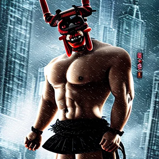 Image similar to very big, very buff, very strong, very muscular huge samurai wearing a oni mask. Cybernetic, cyberpunk, cyber cyber cyberpunk, cyber. movie still hd