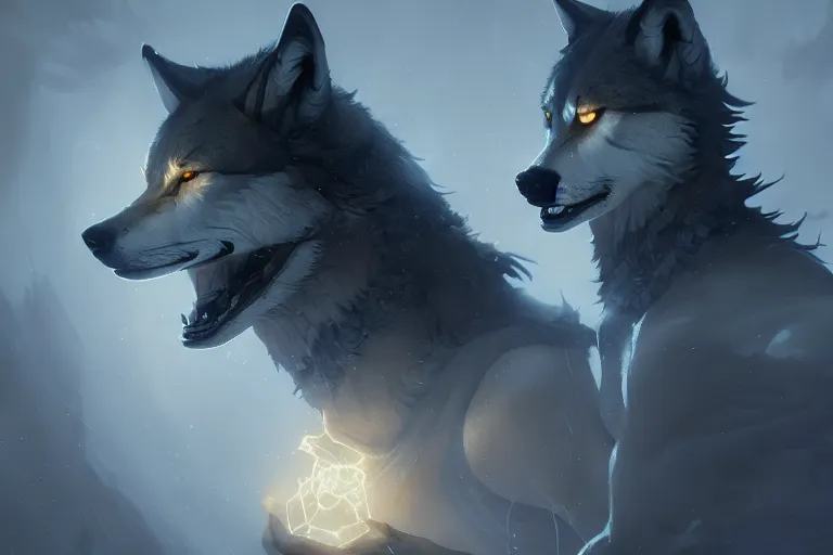 Image similar to wolves made of magical electrical energy, soft lighting, painted by Bastien Lecouffe-Deharme and Cedric Peyravernay and Ken Barthelmey octane render, trending on artstation d&d characters, 4k, 8k, HD