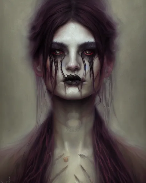 Image similar to painting of a dark ritual, enigmatic beauty, esoteric, muted colors, head in focus, fantasy art, ornamental aesthetics, intricate, elegant, highly detailed hyperrealistic painting, artstation, concept art, painterly, sharp focus, illustration, art by lois royoi