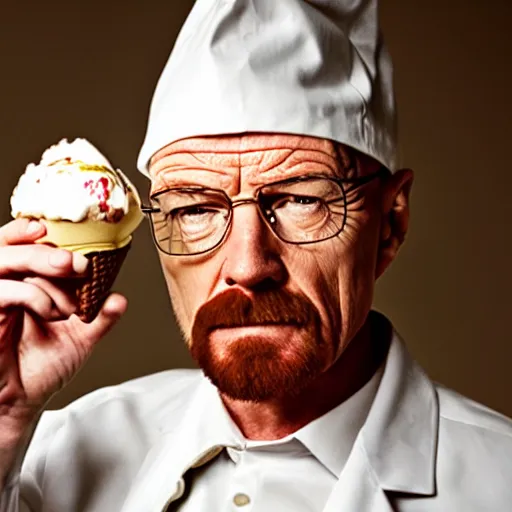 Prompt: walter white holding an ice cream sundae, sharp focus