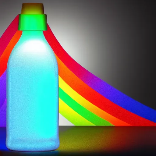 Prompt: a bottle full of a glowing rainbow liquid, high resolution, render, photorealistic