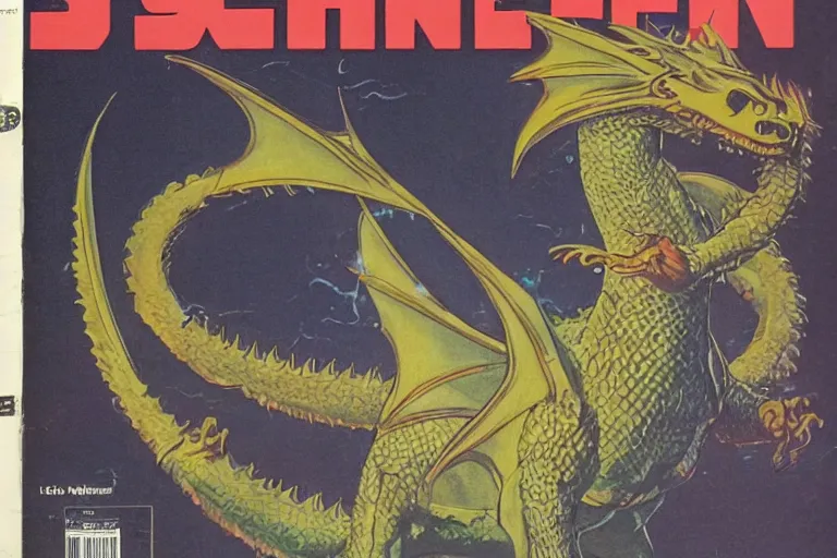 Prompt: 1 9 7 9 science fiction monthly cover depicting great dragon in a suit as a news anchor talking head. perfectly symmetrical face, highly detailed, masterpiece.