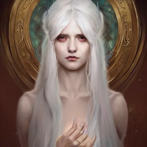 Image similar to ghost maiden, non-binary, white hair, long hair, gorgeous, amazing, elegant, intricate, highly detailed, digital painting, artstation, concept art, sharp focus, illustration, art by artgerm and greg rutkowski and alphonse mucha