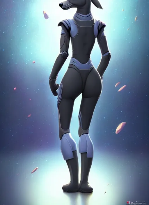 Image similar to wide angle beautiful full body portrait of a strong female anthropomorphic anthro lynx fursona from behind wearing a futuristic space suit. paw pads instead of feet, character design by disney, anime, manga, charlie bowater, ross tran, artgerm, and makoto shinkai, detailed, soft lighting, rendered in octane