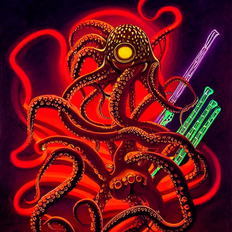 Image similar to a beautiful painting by gerald brom of an octopus playing drums and telecaster guitar in an electronic concert, touchdesigner background, concert light, dark mood, warm neon lights