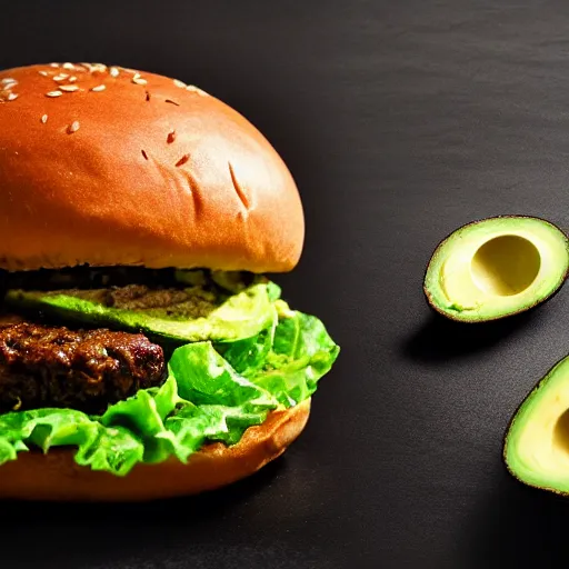Prompt: a hamburger with 2 kilograms of avocado, 8 k resolution, amazing food photography