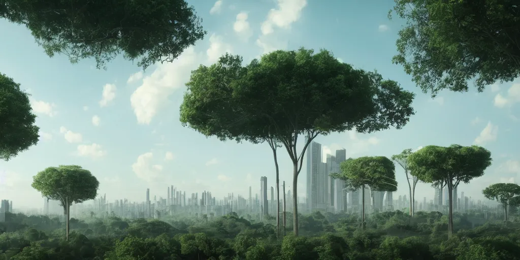 Image similar to diversely grown forest with a single building based on the architecture of ricardo bofill with an urban megacity in the distance, sci - fi, light blue sky with clouds, dramatic matte painting, style by thomas cole, 8 k, octane render, photorealistic, hyperrealism