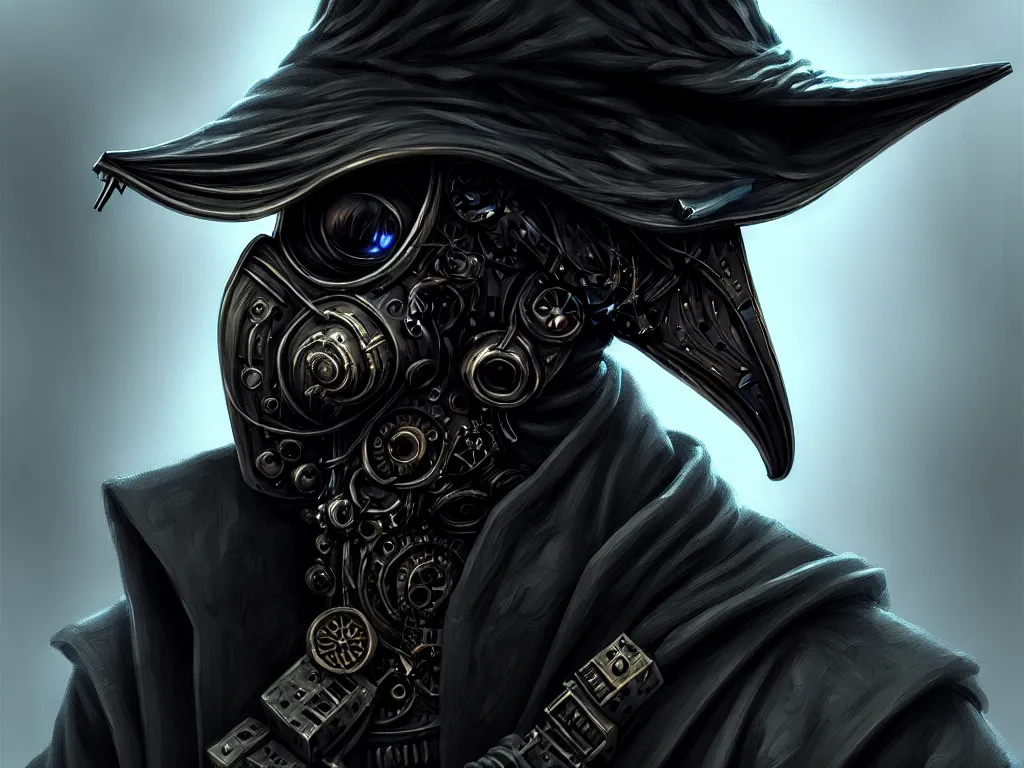 Image similar to portrait of a cyberpunk plague doctor, intricate, highly detailed, digital painting, artstation, concept art, smooth and sharp focus