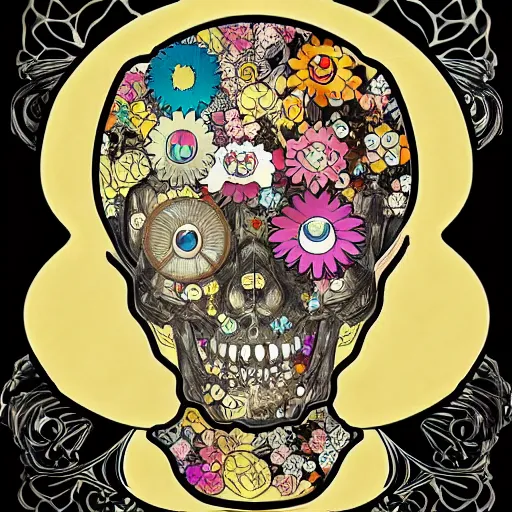 Image similar to anime manga skull portrait happy girl face skeleton illustration style by Alphonse Mucha and Takashi Murakami pop art nouveau