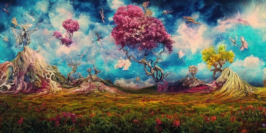 Image similar to beautiful bizarre surrealistic psychedelic fantasy landscape far view