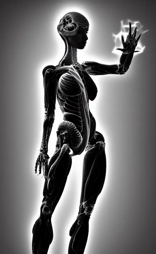 Image similar to a black and white 3D render of a full figure young female angelic-dragon-cyborg with a very long neck, Mandelbrot fractal, anatomical, flesh, facial muscles, veins, arteries, full frame, microscopic, elegant, highly detailed, flesh ornate, elegant, high fashion, rim light, 150 mm lens, octane render in the style of H.R. Giger and Man Ray, Realistic, Refined, Digital Art, Highly Detailed, Cinematic Lighting, rim light, photo-realistic Unreal Engine, 8K