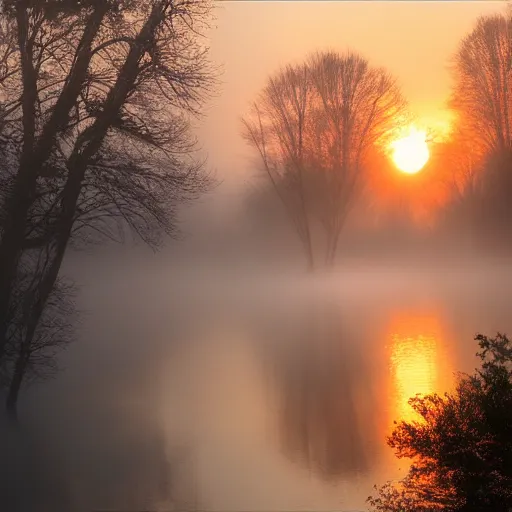 Image similar to sunrise over a foggy river, atmospheric expressionism