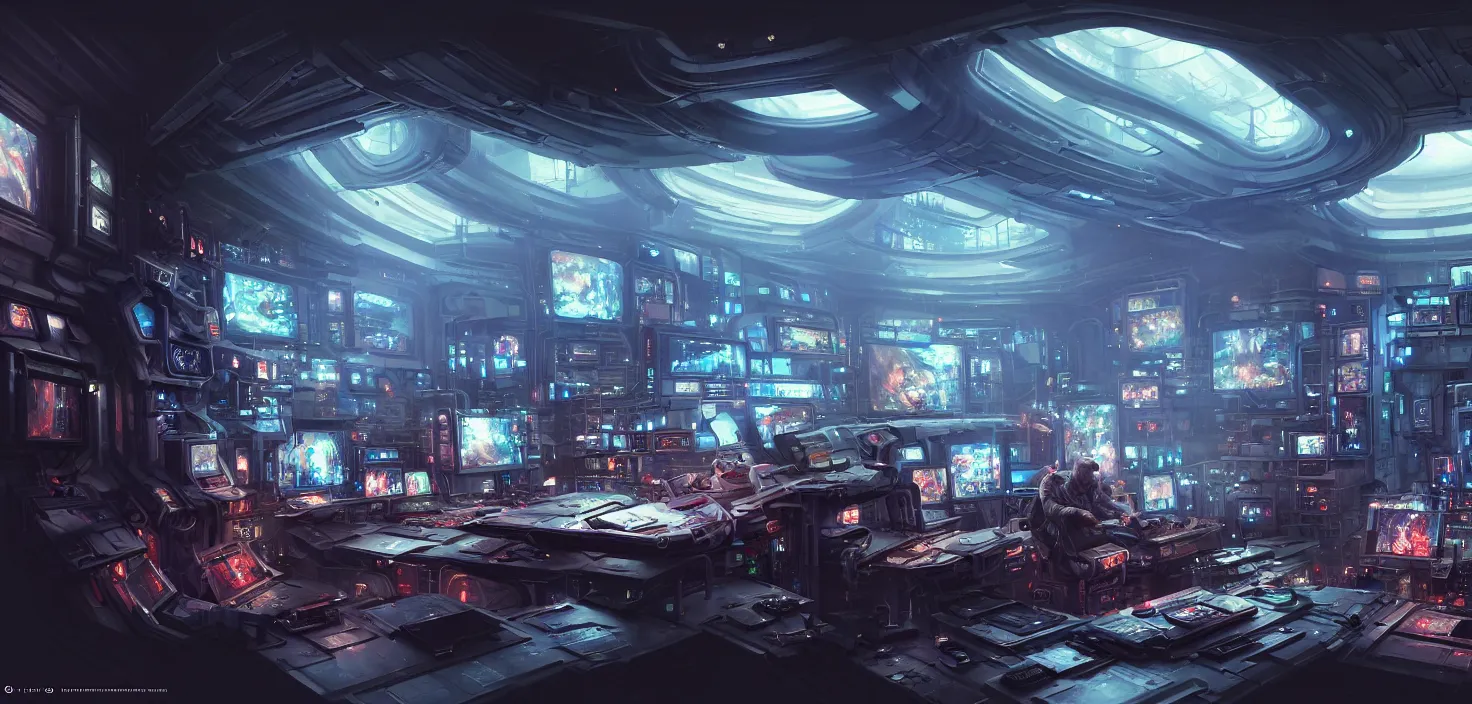 Image similar to a hyper detailed octane render concept art by xision wu, kerem beyit, sandara tang portrait of cyberpunk panel control spaceship room, dim lighting, detailed portraits, unreal engine 5, highly rendered, digital painting, hyper realistic, photo realistic, artstation, concept art, smooth, sharp focus perfect horizontal, symmetry illustration, detailed and intricate environment artstation hq