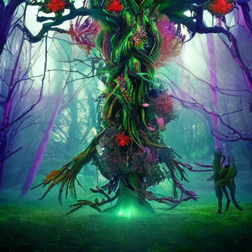 Image similar to a crazy chaotic small psychedelic surreal horror giant made of multicolored psychotropic hybrid of trees flowers, cybernetic beings and magical creatures in the chaotic spirit forest, fulcolor octane reminder, cinematic, ultra - realistic