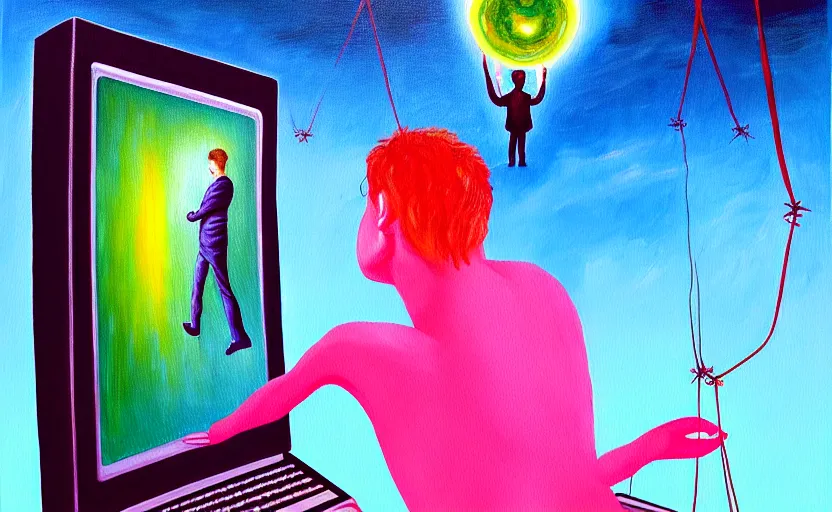 Image similar to a painting of someone stuck inside a dream but they really stuck inside a giant computer, you can see hands on the outside pulling the strings, surrealist, colour