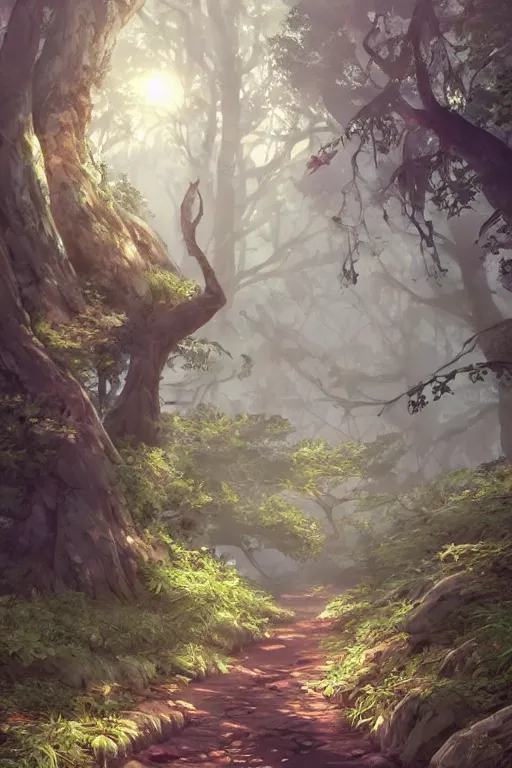 Image similar to forest path, beautiful ancient trees, hiding large treasure chest, serene evening atmosphere, soft lens, soft light, cel - shading, animation, in the style of cgsociety, deviantart, artstation, zbrush, cinema 4 d, studio ghibli, akihiko yoshida, atelier lulua, masamune shirow