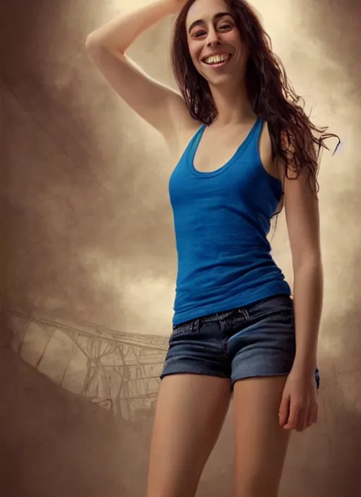 Image similar to full length photo of an smiling Oona Chaplin in a tanktop in the style of stefan kostic, not realistic, sharp focus, 8k high definition, insanely detailed, intricate, elegant, art by stanley lau and artgerm