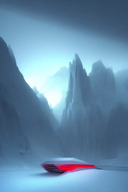 Prompt: futuristic atmosphere in the snowy mountains dolomites 3 d concept art, cinematic lighting, red neon laser, rule of thirds, depth of field, intricate details, building by zaha hadid, stormy snowing weather, emissary space by arthur haas and bruce pennington and john schoenherr, cinematic matte painting, dark moody colors, trending on artstation, featured on behance