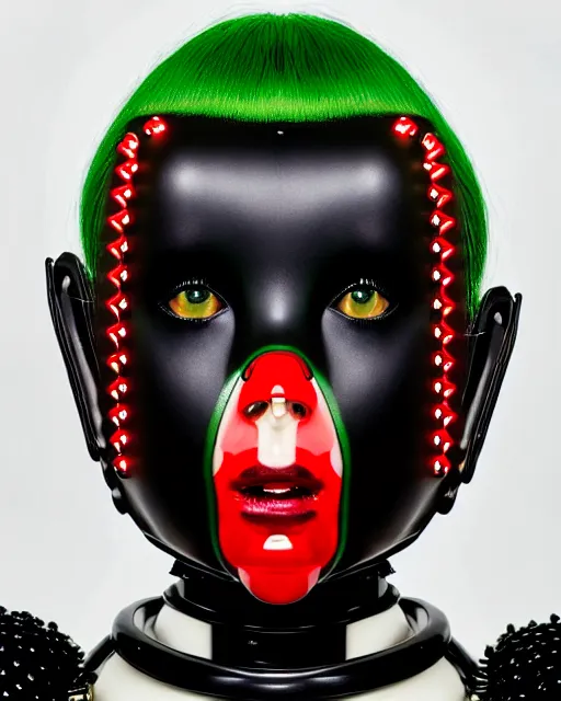 Prompt: symmetrical portrait of a cyborg wearing a silicone swarovski studded red beauty mask and green hair buns, wearing a black bodysuit armour by alexander mcqueen, cream white background, soft diffused light, biotechnology, humanoid robot, bjork aesthetic, translucent, by rineke dijkstra, intricate details, highly detailed, masterpiece,